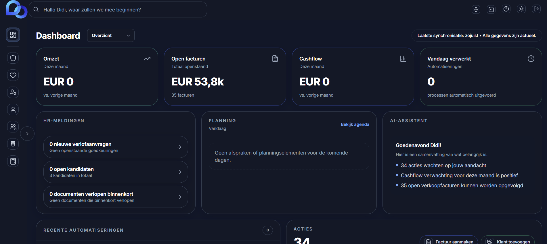 D∞NE dark mode dashboard voor administratie en bedrijfsprocessen